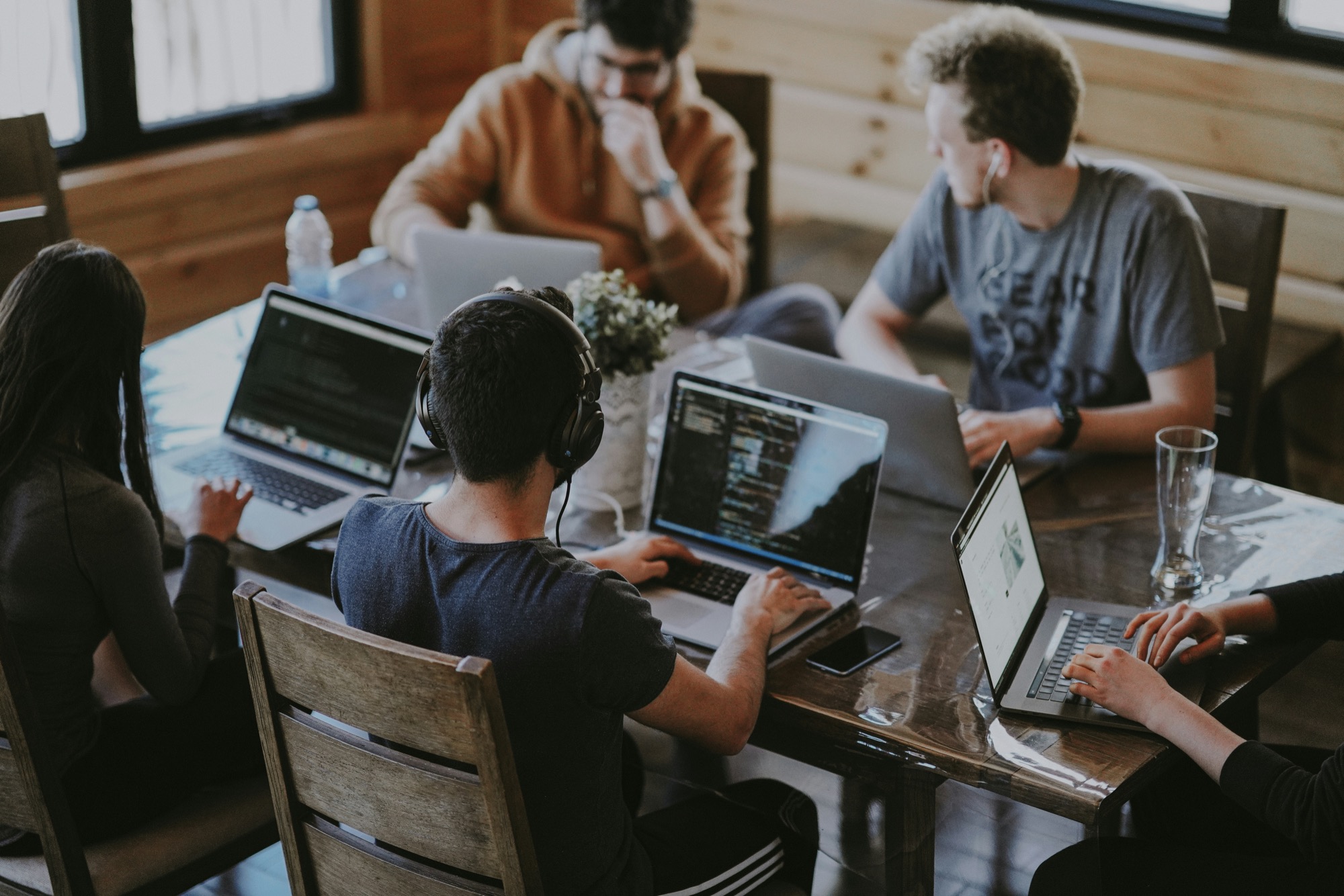 Technology professionals collaborating in a modern office space